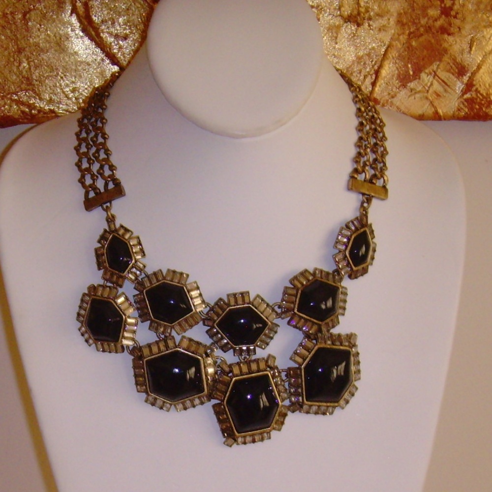 Antique Gold-Tone and Lucite Necklace with Clear Rhinestones